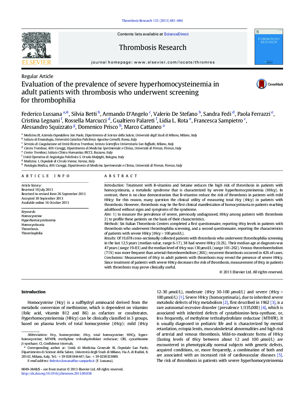 Evaluation of the prevalence of severe hyperhomocysteinemia in adult patients with thrombosis who underwent screening for thrombophilia