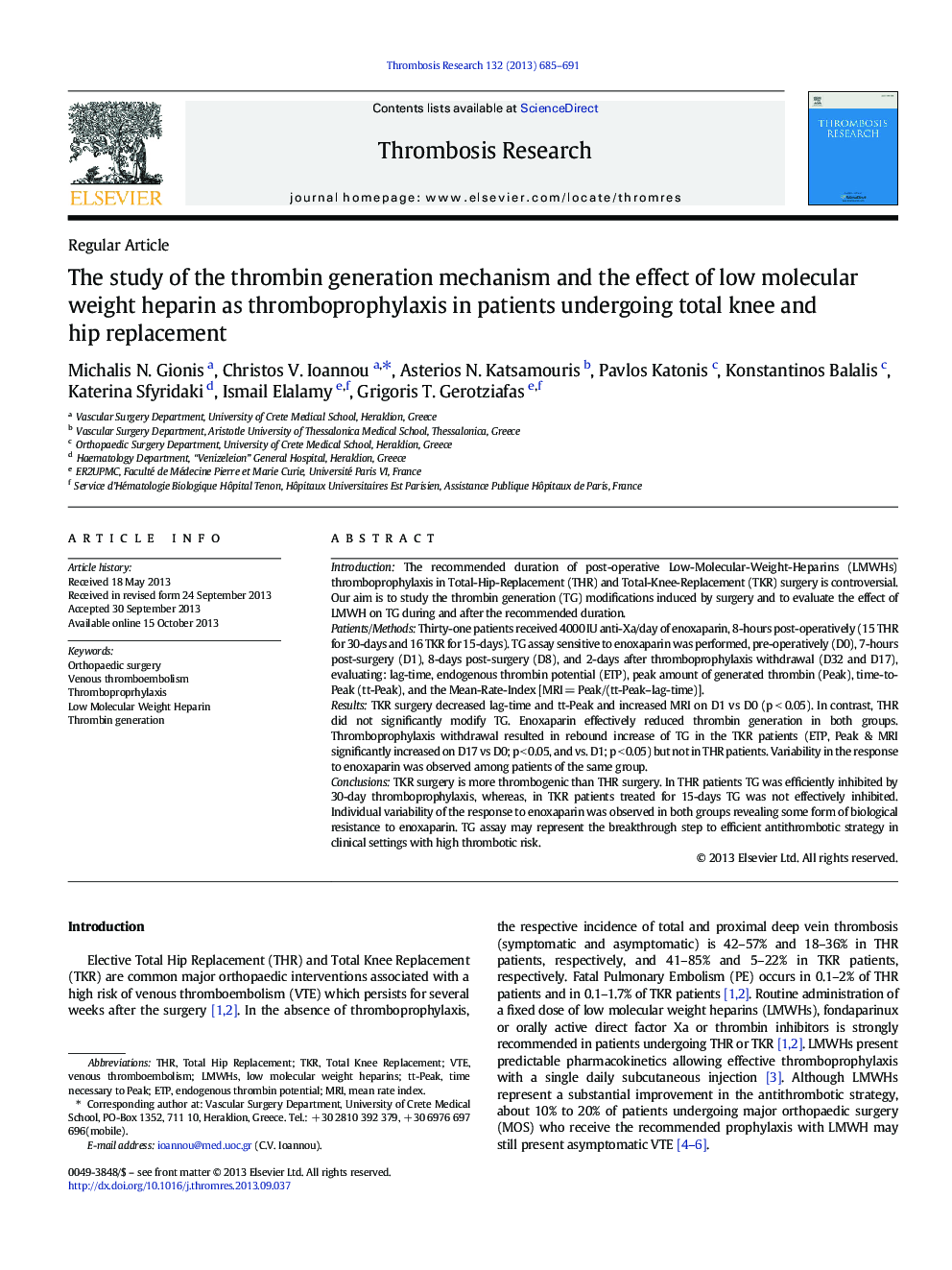 The study of the thrombin generation mechanism and the effect of low molecular weight heparin as thromboprophylaxis in patients undergoing total knee and hip replacement