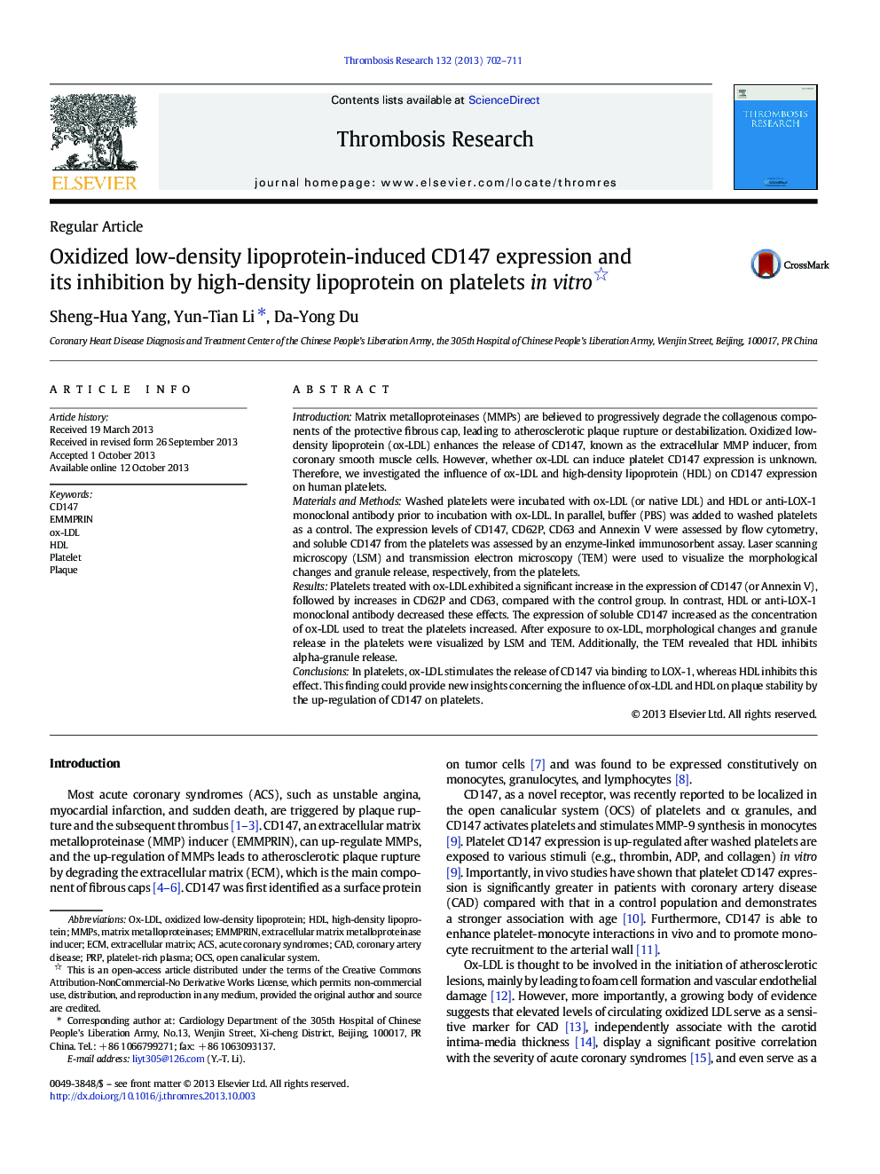 Oxidized low-density lipoprotein-induced CD147 expression and its inhibition by high-density lipoprotein on platelets in vitro