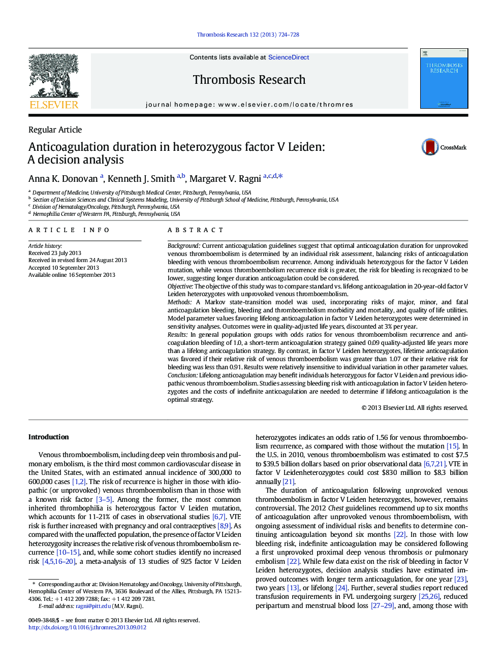 Anticoagulation duration in heterozygous factor V Leiden: A decision analysis