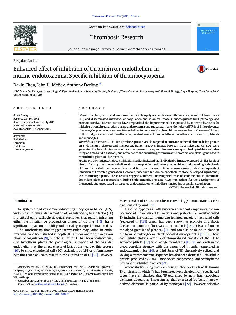 Enhanced effect of inhibition of thrombin on endothelium in murine endotoxaemia: Specific inhibition of thrombocytopenia