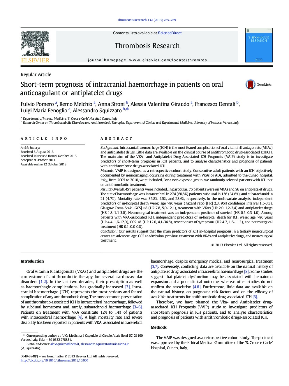 Short-term prognosis of intracranial haemorrhage in patients on oral anticoagulant or antiplatelet drugs