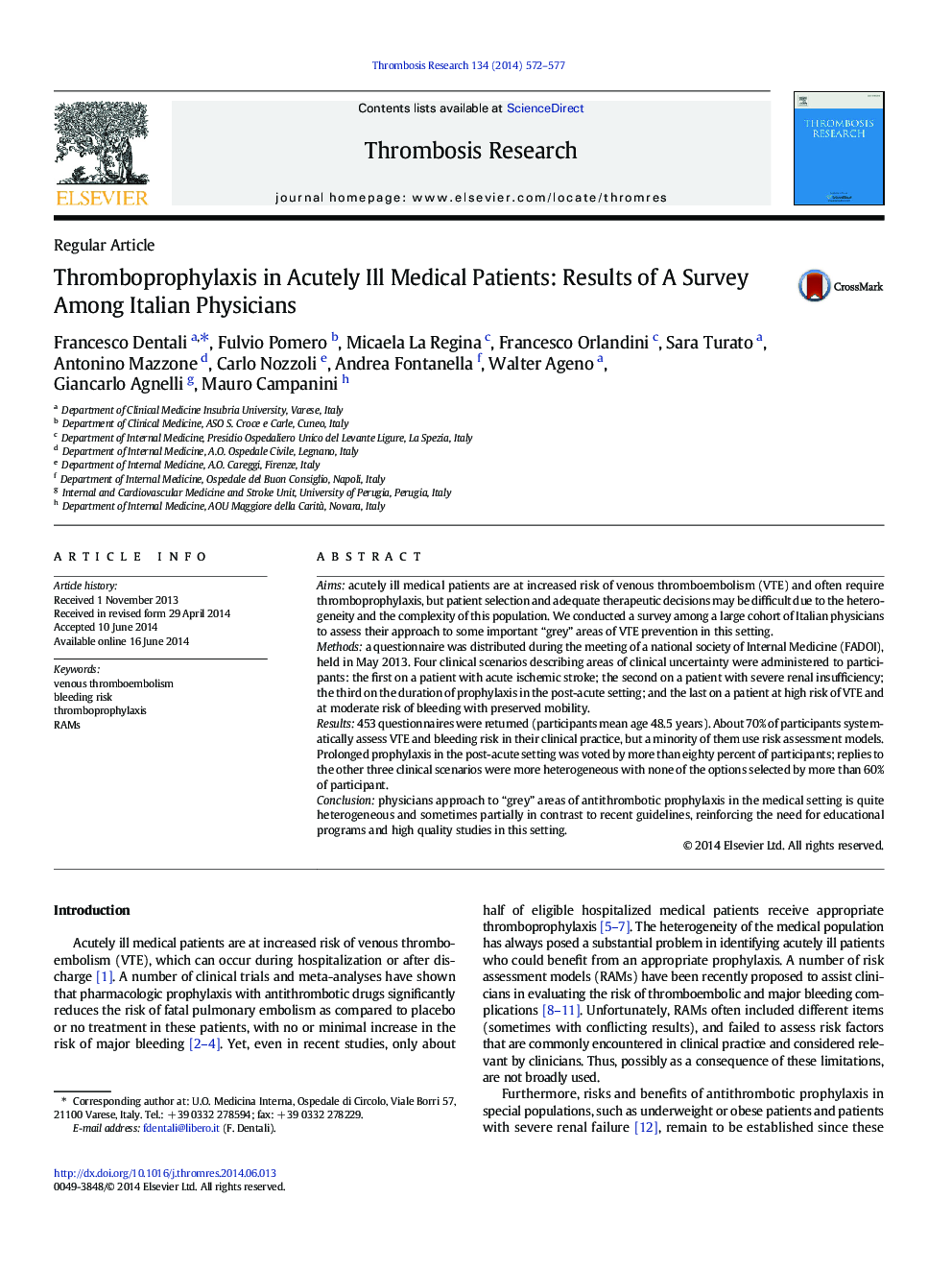 Thromboprophylaxis in Acutely Ill Medical Patients: Results of A Survey Among Italian Physicians