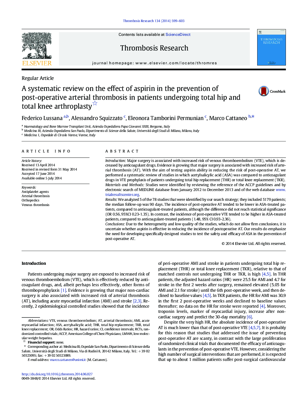 A systematic review on the effect of aspirin in the prevention of post-operative arterial thrombosis in patients undergoing total hip and total knee arthroplasty