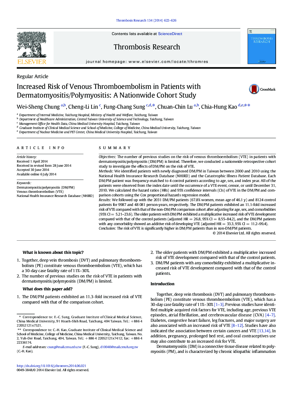 افزایش خطر ابتلا به ترومبوآمبولی وریدی در بیماران مبتلا به درماتومیوزیت / پلیمیوزیت: مطالعه همگروه در سراسر کشور 