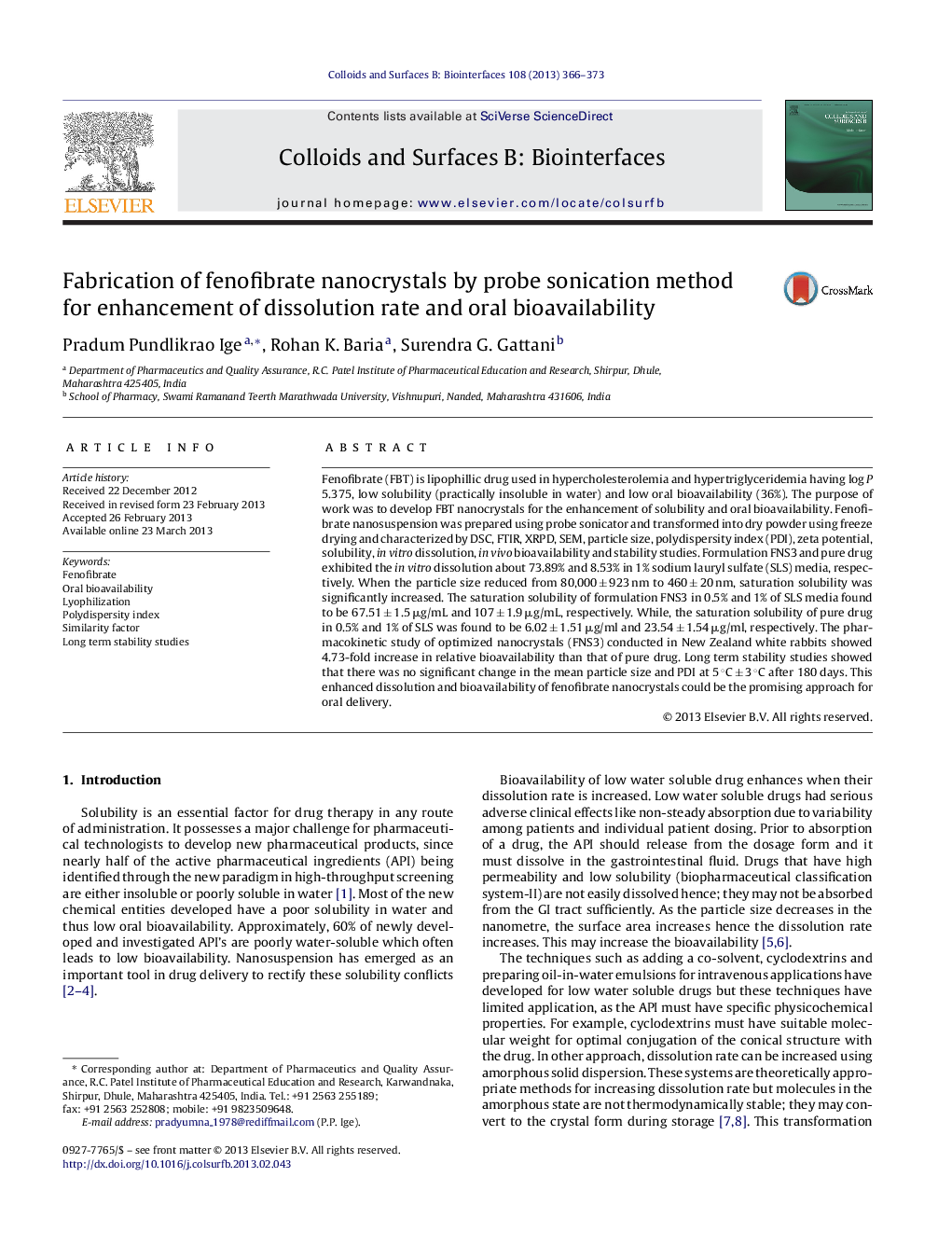 Fabrication of fenofibrate nanocrystals by probe sonication method for enhancement of dissolution rate and oral bioavailability