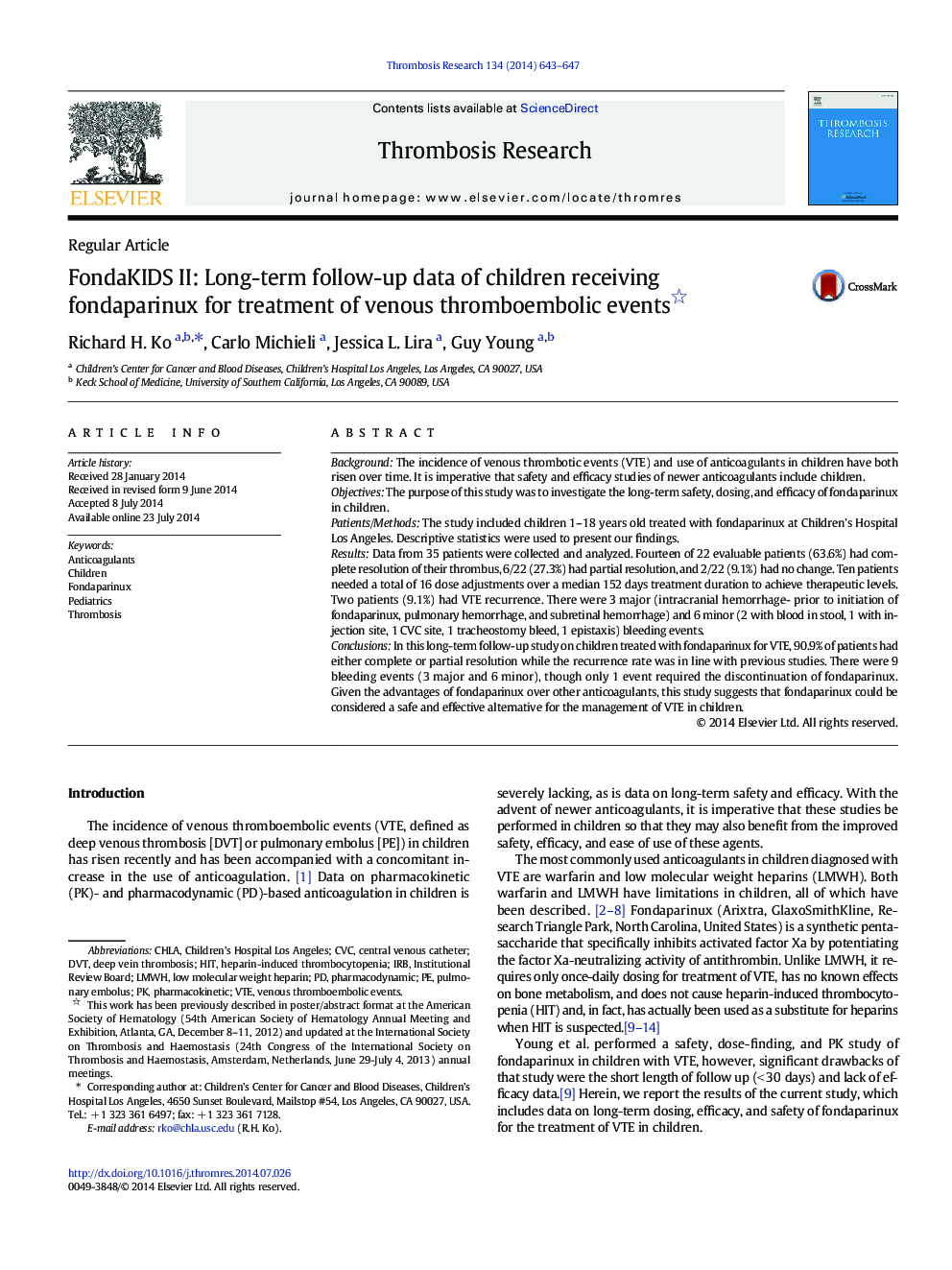 FondaKIDS II: Long-term follow-up data of children receiving fondaparinux for treatment of venous thromboembolic events