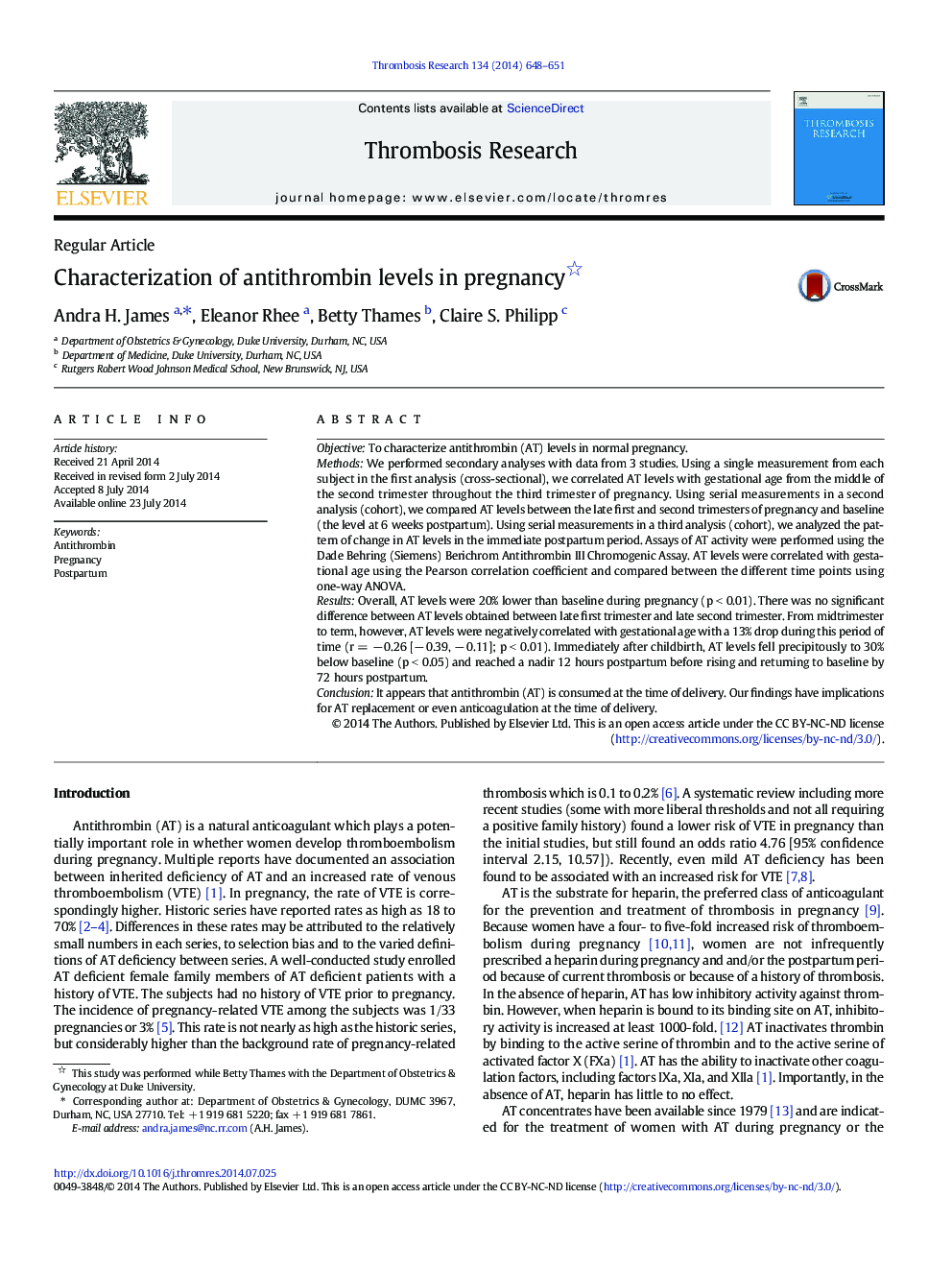 Characterization of antithrombin levels in pregnancy