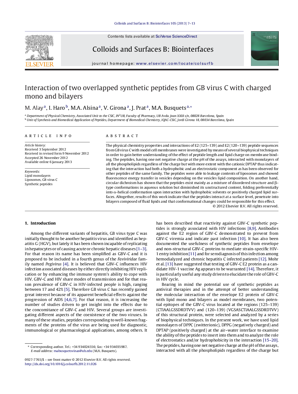 Interaction of two overlapped synthetic peptides from GB virus C with charged mono and bilayers