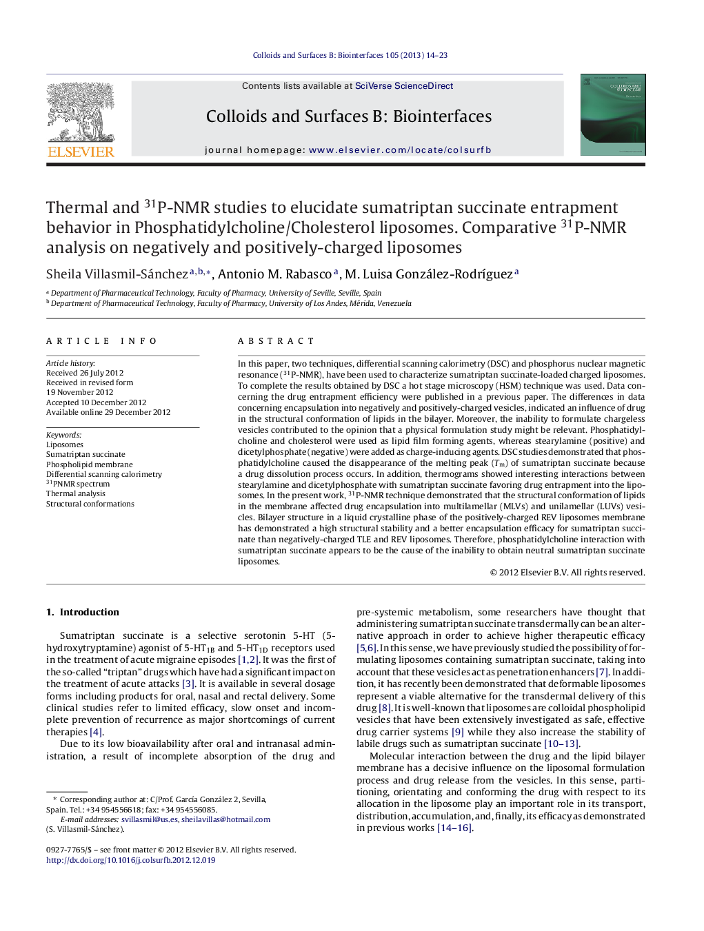 Thermal and 31P-NMR studies to elucidate sumatriptan succinate entrapment behavior in Phosphatidylcholine/Cholesterol liposomes. Comparative 31P-NMR analysis on negatively and positively-charged liposomes