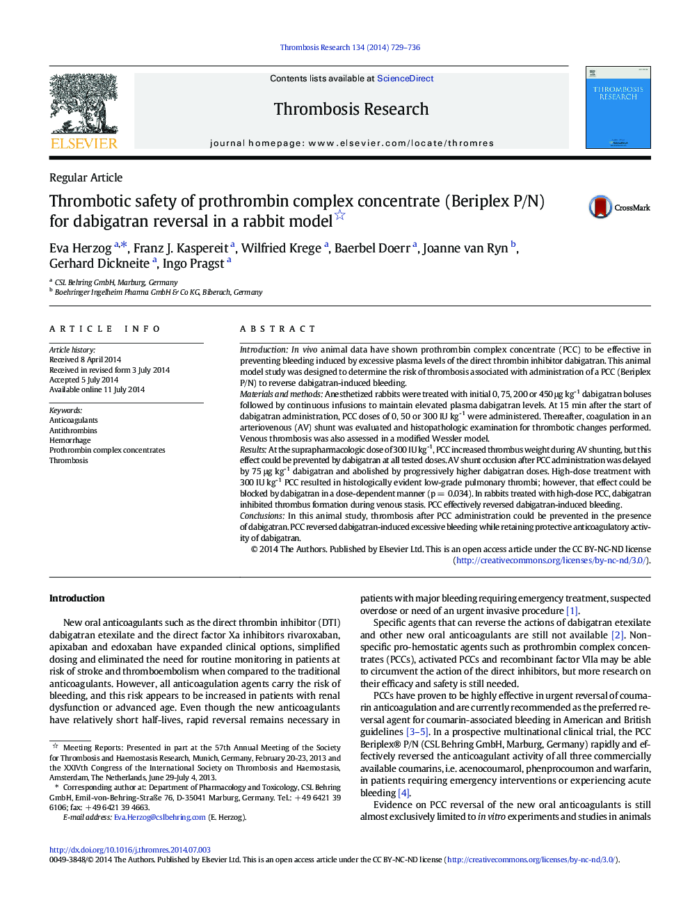 Thrombotic safety of prothrombin complex concentrate (Beriplex P/N) for dabigatran reversal in a rabbit model