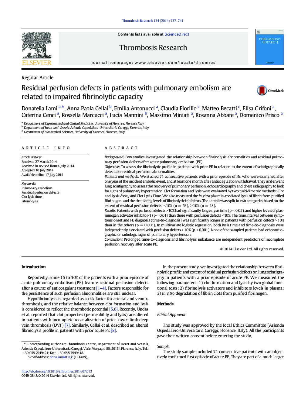 Residual perfusion defects in patients with pulmonary embolism are related to impaired fibrinolytic capacity