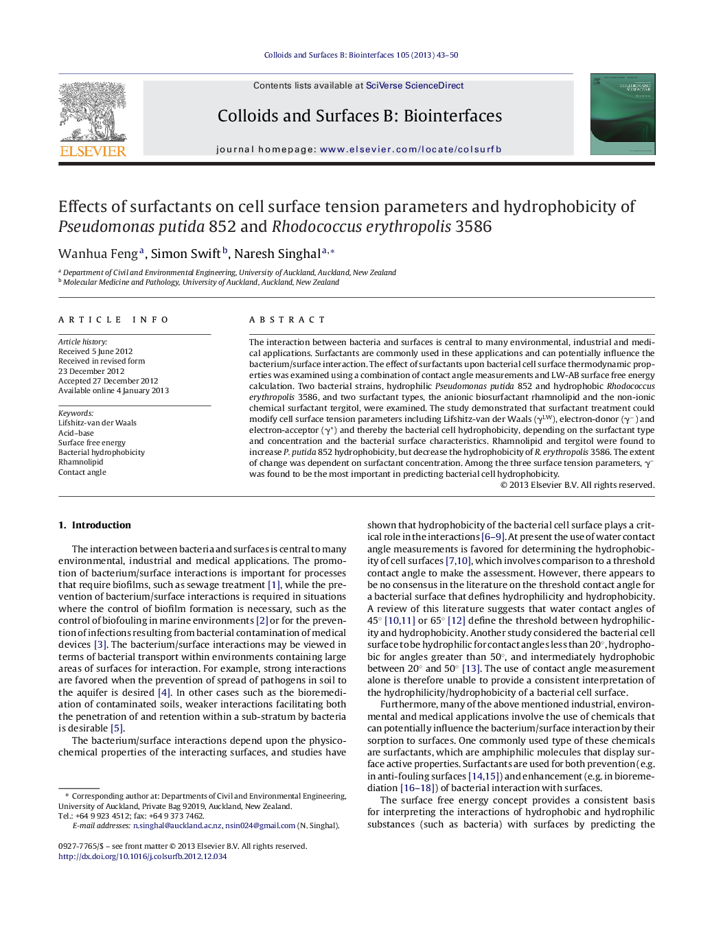 Effects of surfactants on cell surface tension parameters and hydrophobicity of Pseudomonas putida 852 and Rhodococcus erythropolis 3586