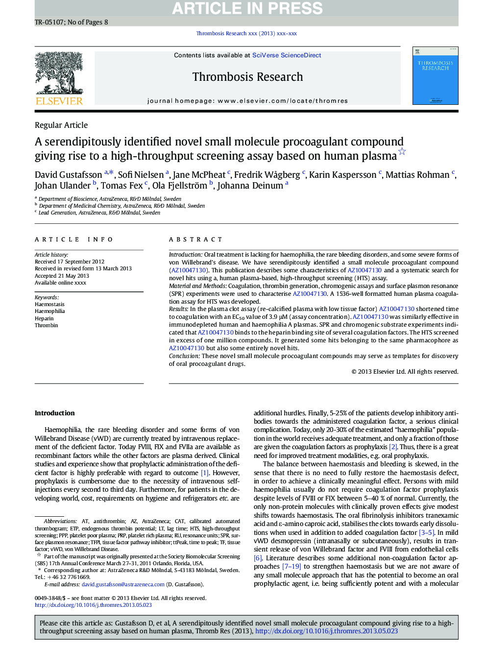 A serendipitously identified novel small molecule procoagulant compound giving rise to a high-throughput screening assay based on human plasma