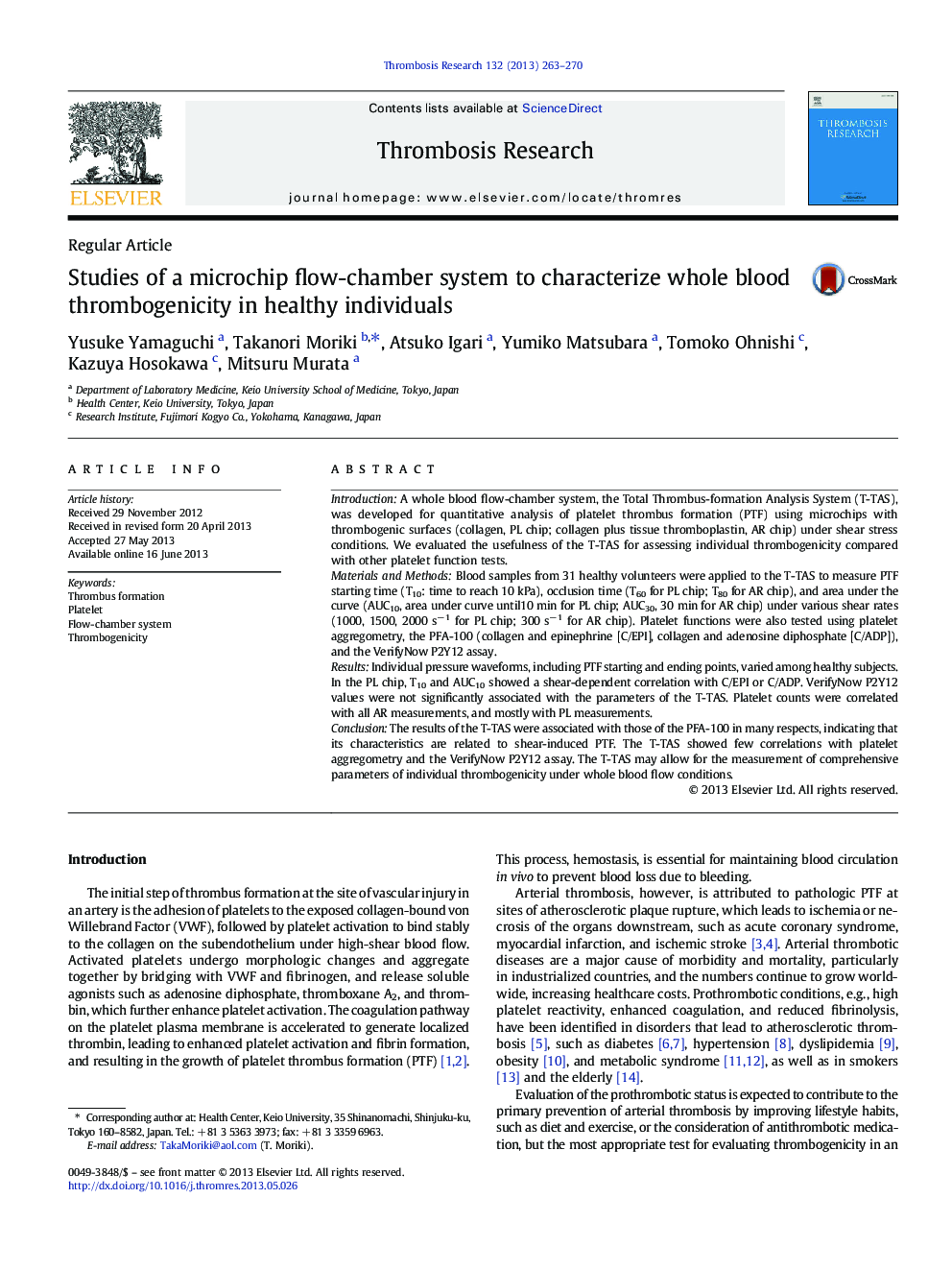 Studies of a microchip flow-chamber system to characterize whole blood thrombogenicity in healthy individuals