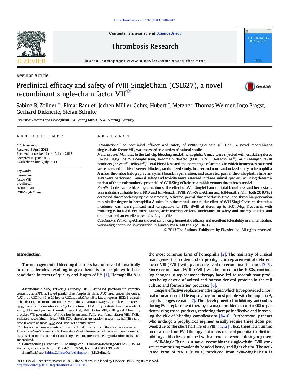 Preclinical efficacy and safety of rVIII-SingleChain (CSL627), a novel recombinant single-chain factor VIII