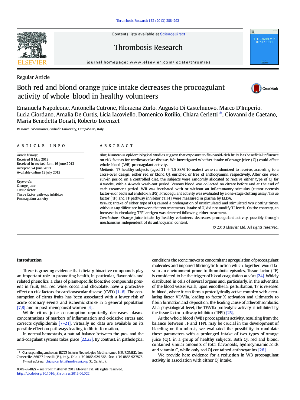 Both red and blond orange juice intake decreases the procoagulant activity of whole blood in healthy volunteers