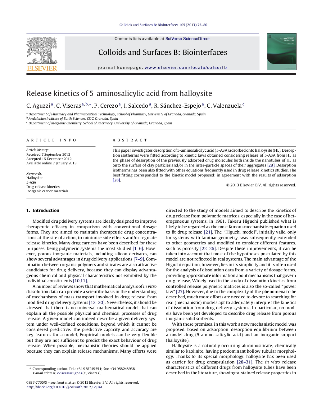 Release kinetics of 5-aminosalicylic acid from halloysite