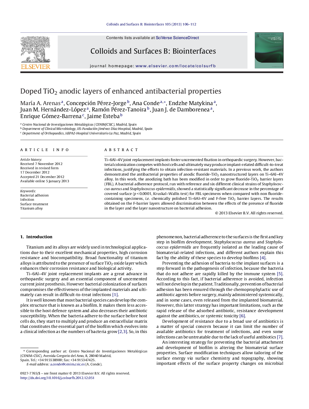 Doped TiO2 anodic layers of enhanced antibacterial properties