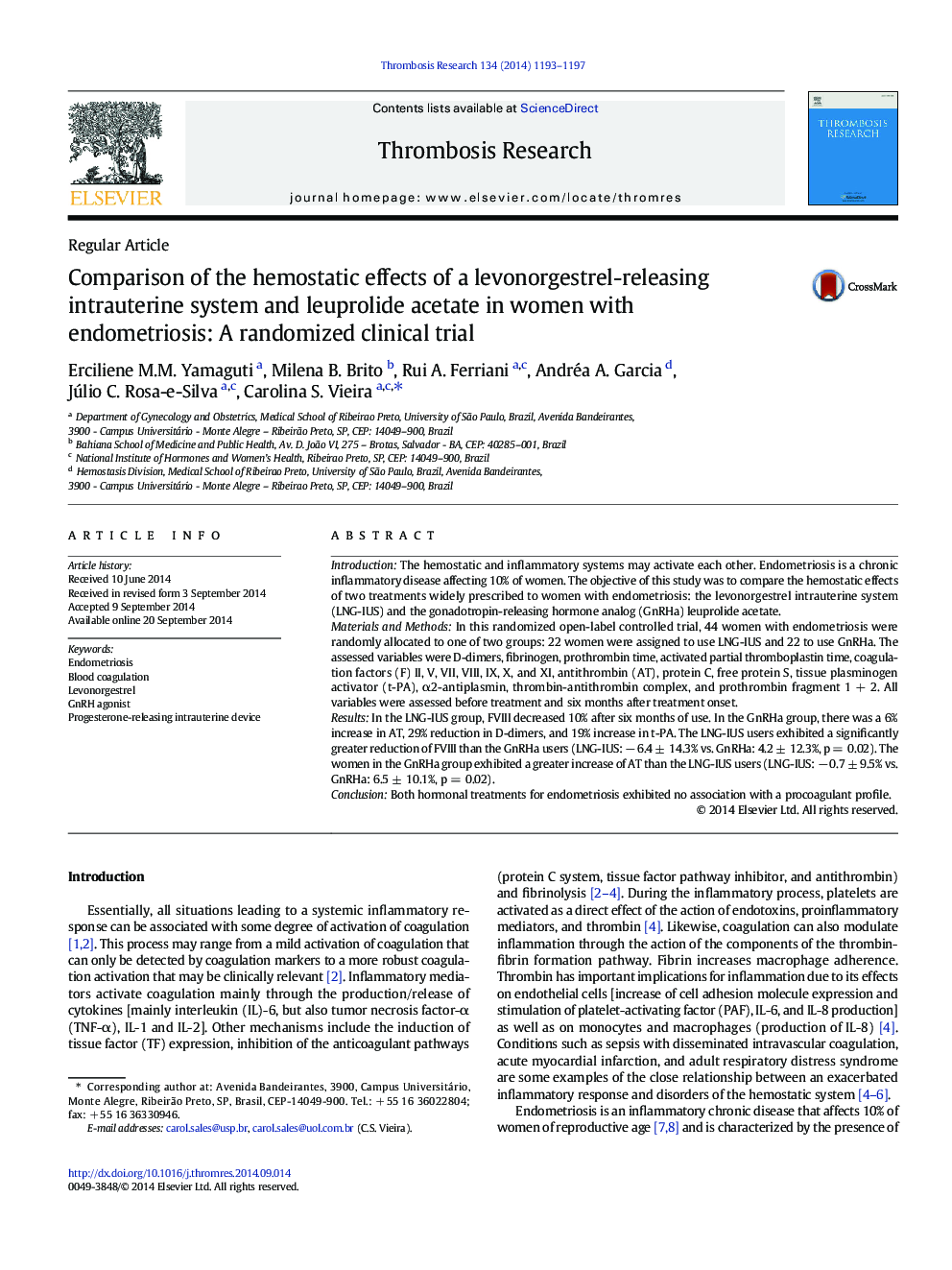 Comparison of the hemostatic effects of a levonorgestrel-releasing intrauterine system and leuprolide acetate in women with endometriosis: A randomized clinical trial