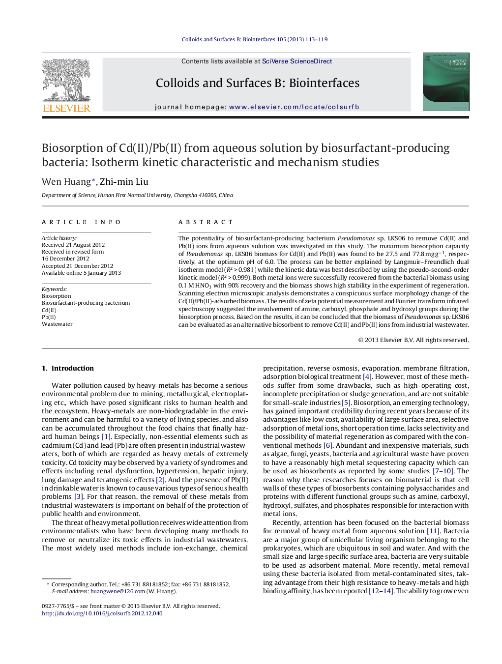 Biosorption of Cd(II)/Pb(II) from aqueous solution by biosurfactant-producing bacteria: Isotherm kinetic characteristic and mechanism studies