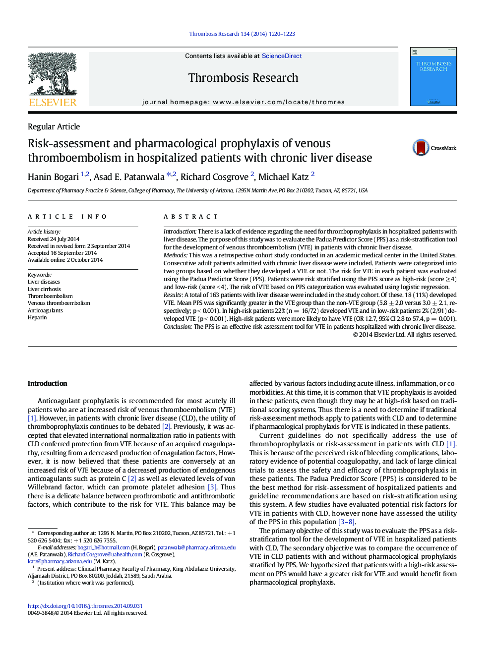 Risk-assessment and pharmacological prophylaxis of venous thromboembolism in hospitalized patients with chronic liver disease