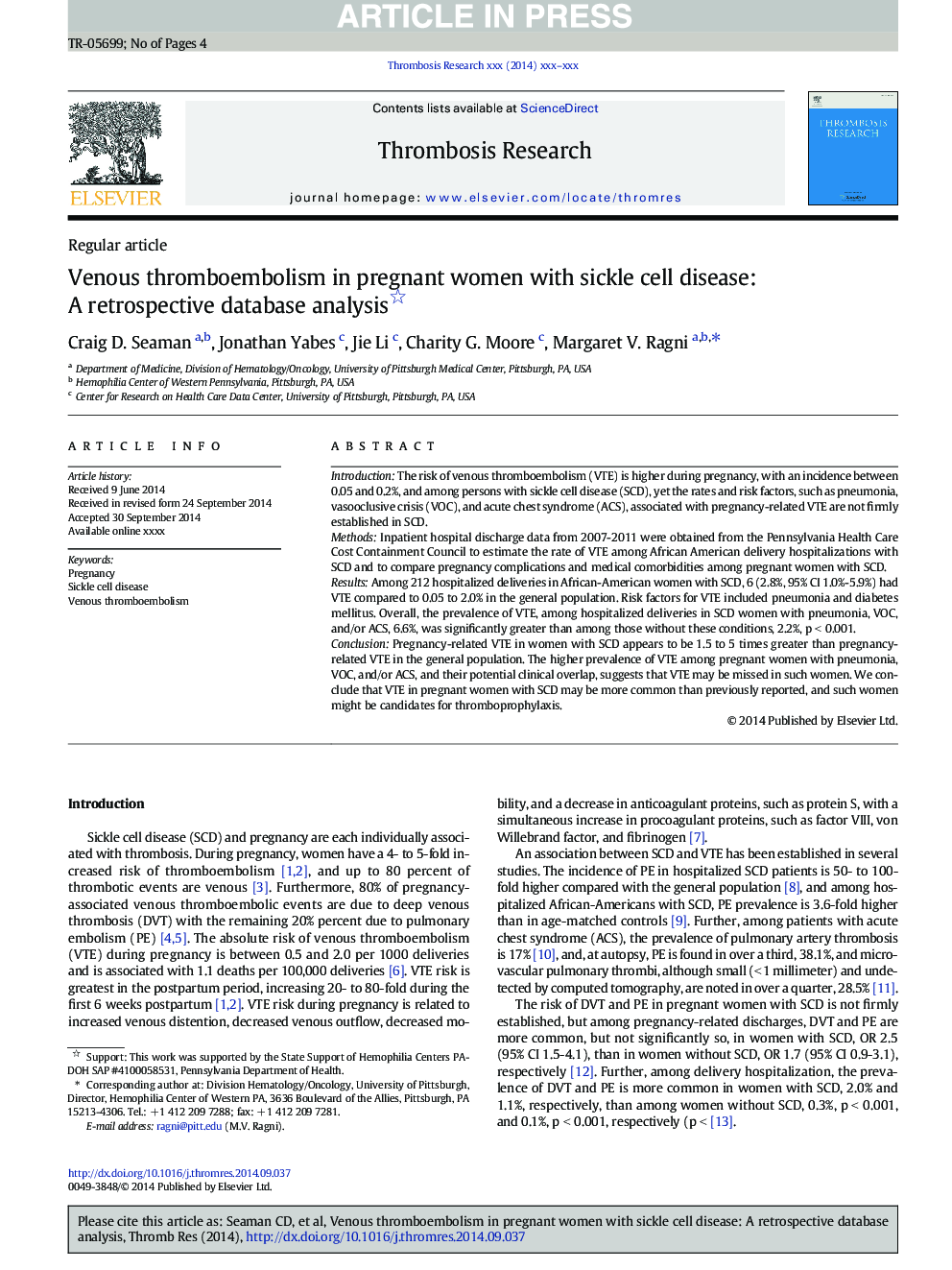 Venous thromboembolism in pregnant women with sickle cell disease: A retrospective database analysis