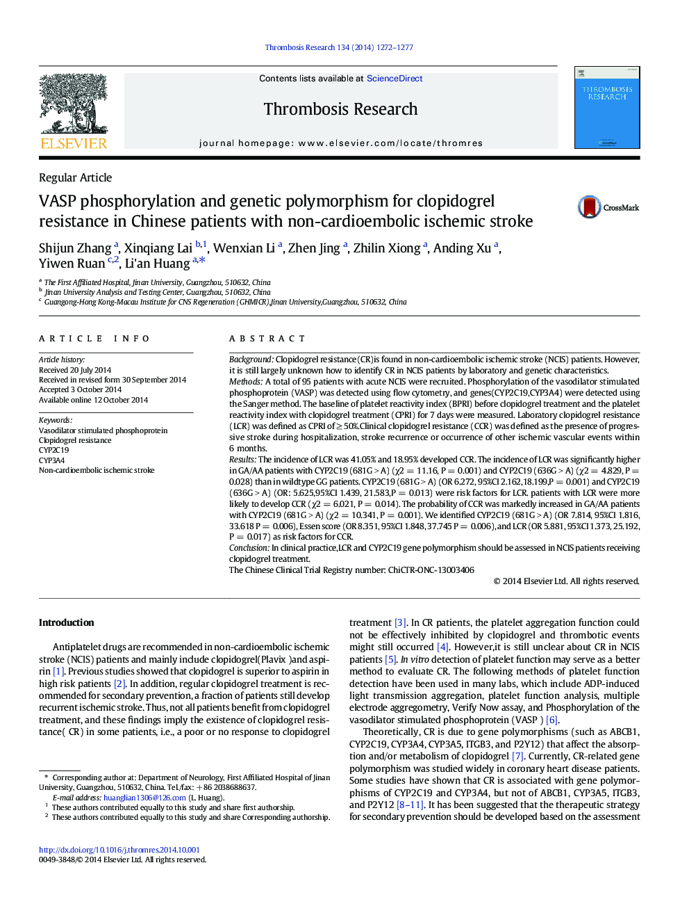 VASP phosphorylation and genetic polymorphism for clopidogrel resistance in Chinese patients with non-cardioembolic ischemic stroke