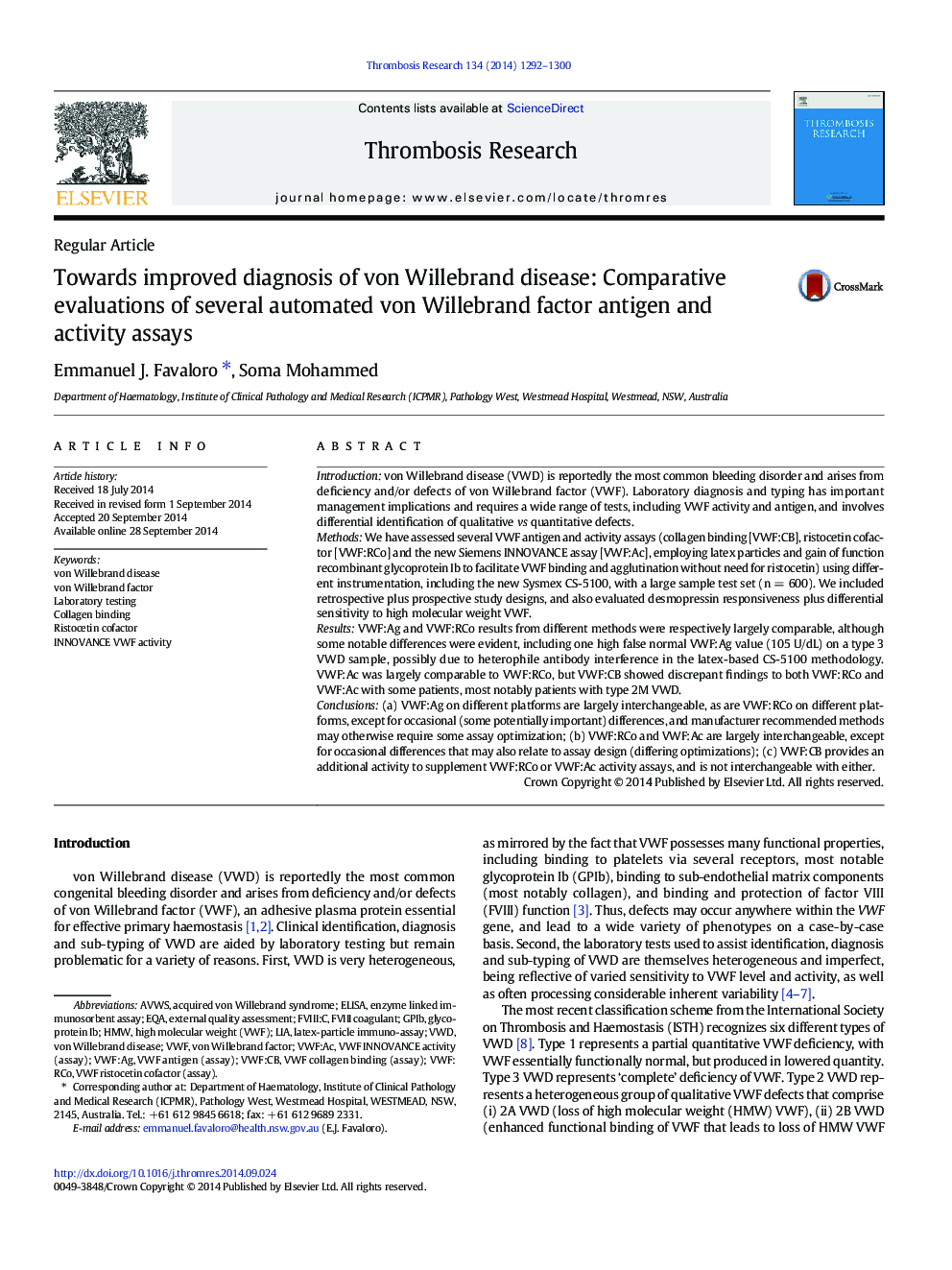 Towards improved diagnosis of von Willebrand disease: Comparative evaluations of several automated von Willebrand factor antigen and activity assays