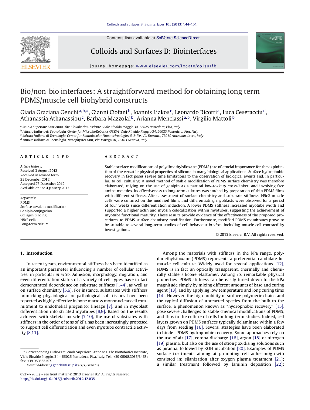 Bio/non-bio interfaces: A straightforward method for obtaining long term PDMS/muscle cell biohybrid constructs