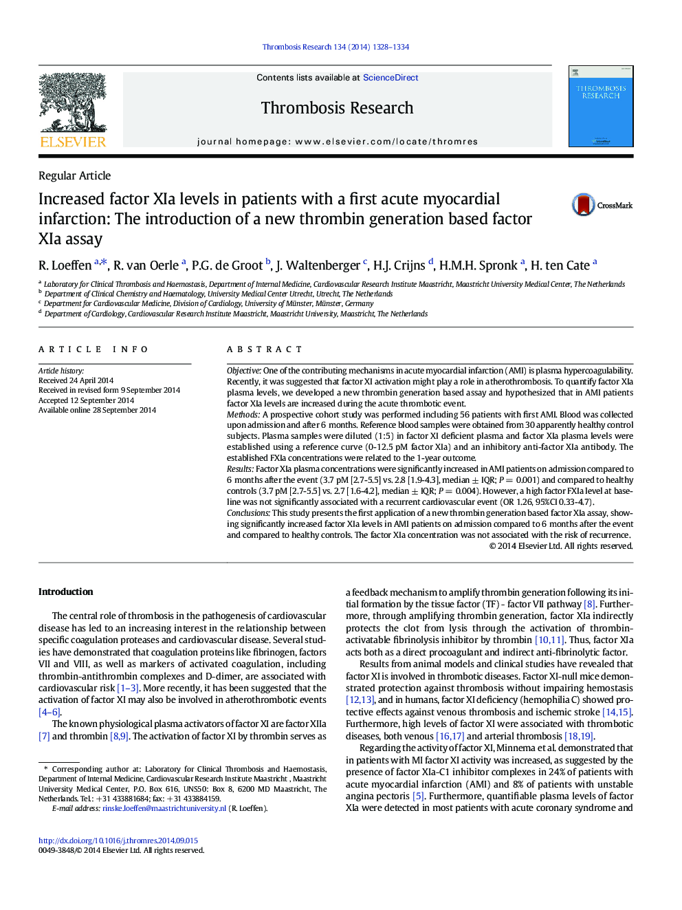 Increased factor XIa levels in patients with a first acute myocardial infarction: The introduction of a new thrombin generation based factor XIa assay