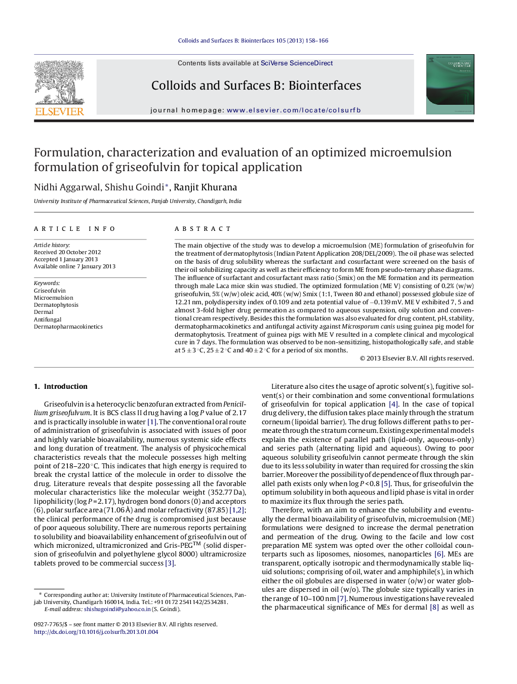 Formulation, characterization and evaluation of an optimized microemulsion formulation of griseofulvin for topical application