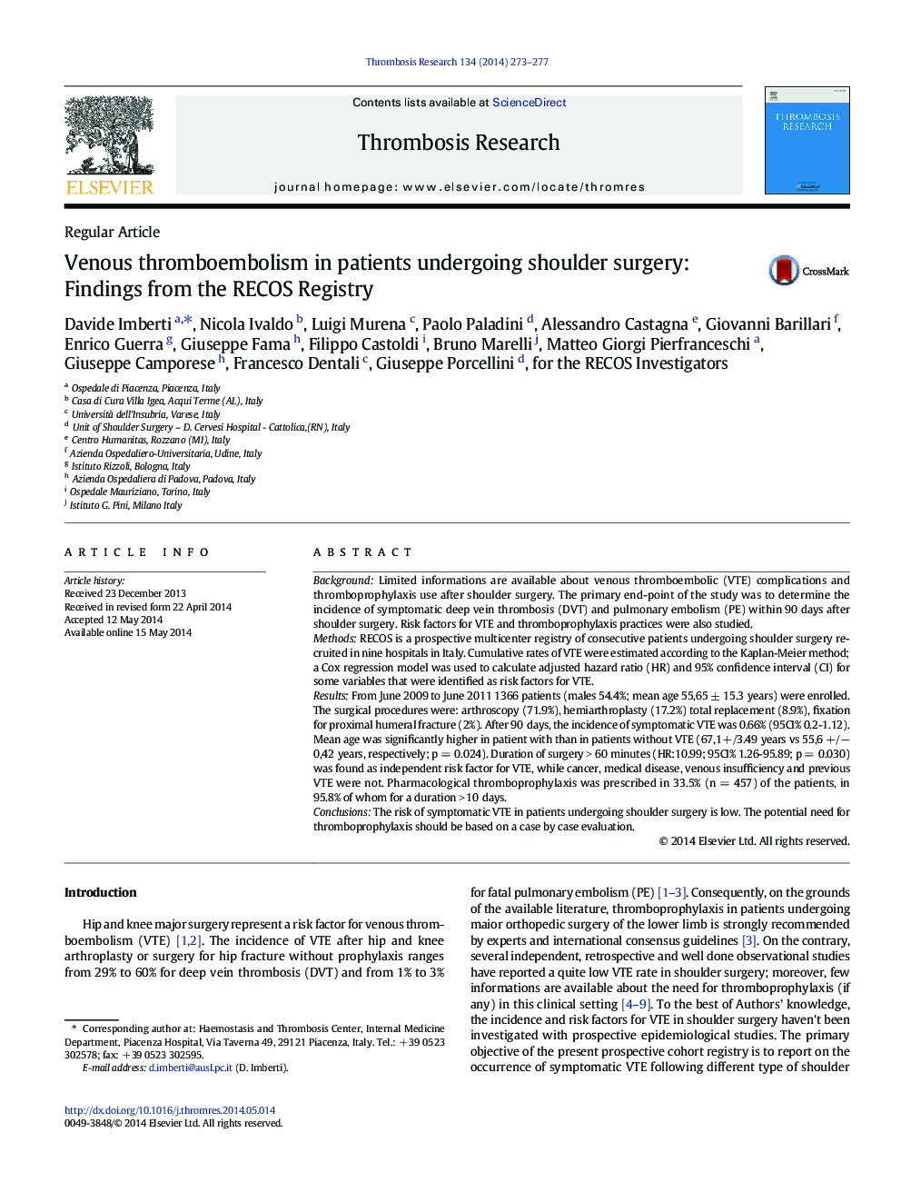 Regular ArticleVenous thromboembolism in patients undergoing shoulder surgery: Findings from the RECOS Registry