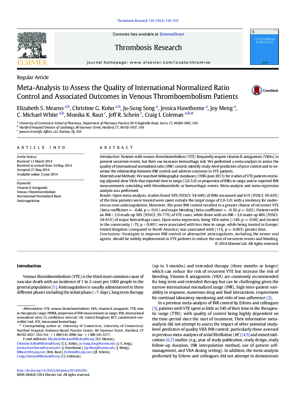 Meta-Analysis to Assess the Quality of International Normalized Ratio Control and Associated Outcomes in Venous Thromboembolism Patients