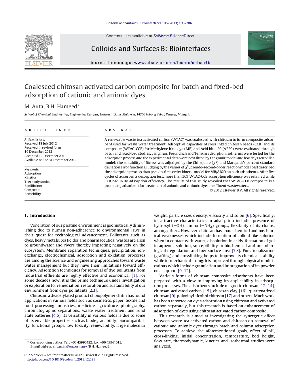 Coalesced chitosan activated carbon composite for batch and fixed-bed adsorption of cationic and anionic dyes