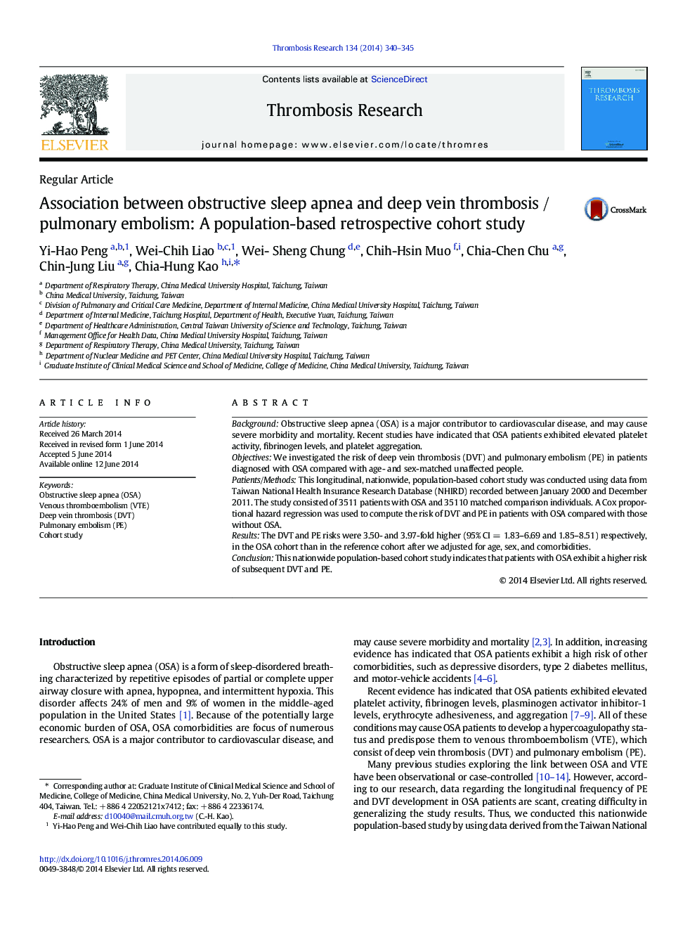 Association between obstructive sleep apnea and deep vein thrombosis / pulmonary embolism: A population-based retrospective cohort study