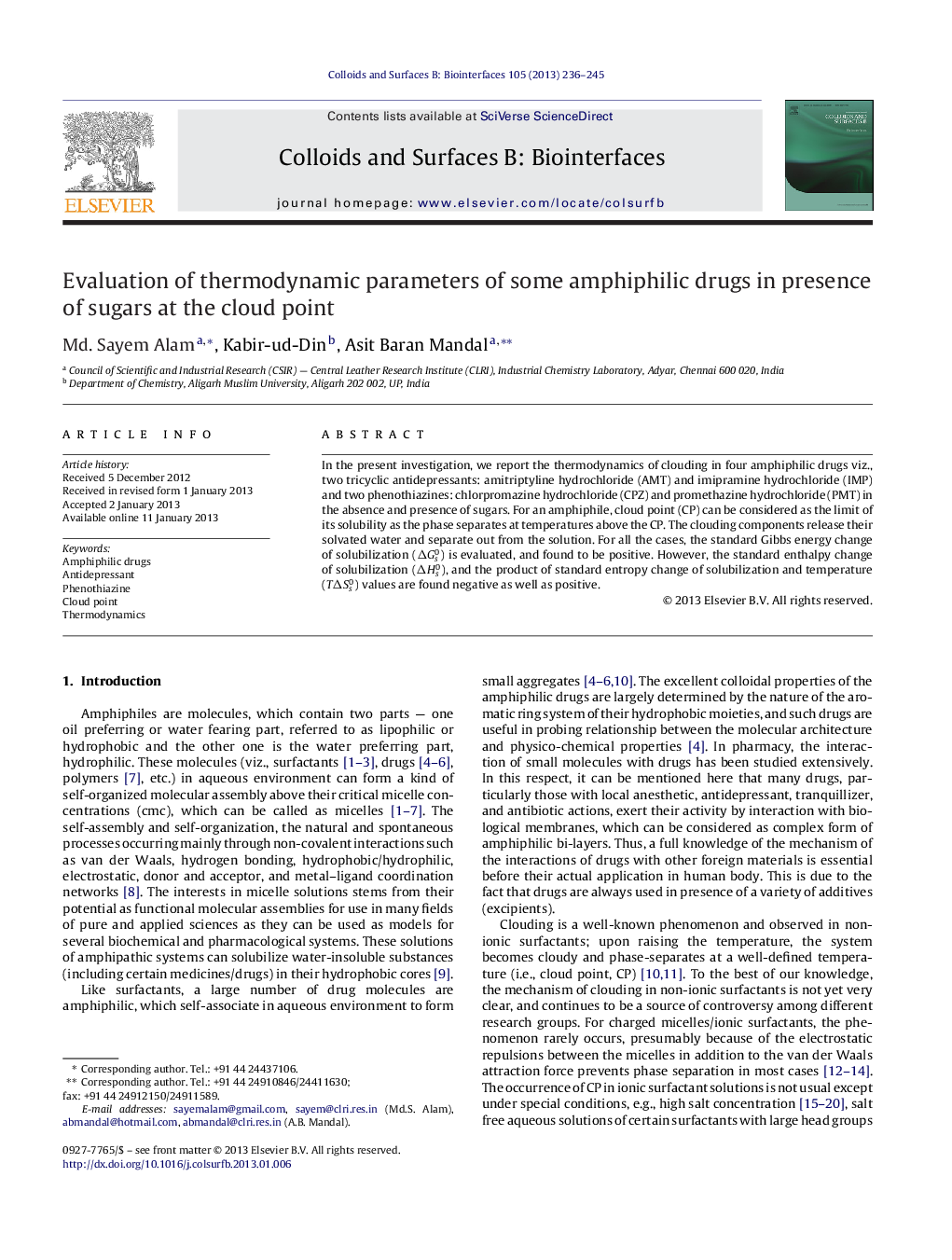 Evaluation of thermodynamic parameters of some amphiphilic drugs in presence of sugars at the cloud point