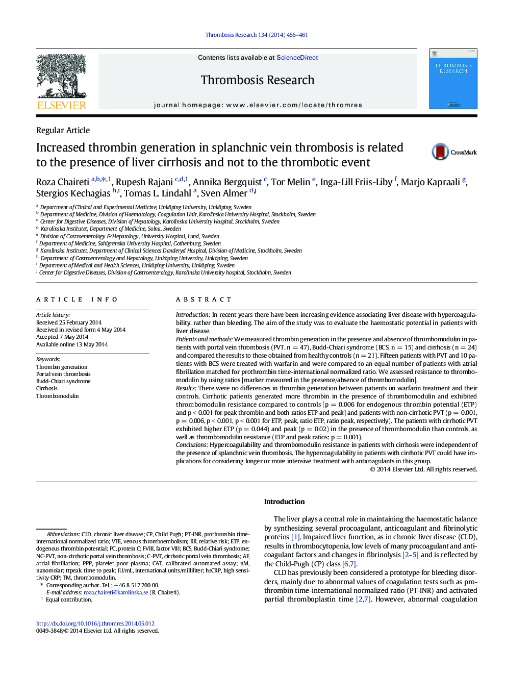 Increased thrombin generation in splanchnic vein thrombosis is related to the presence of liver cirrhosis and not to the thrombotic event