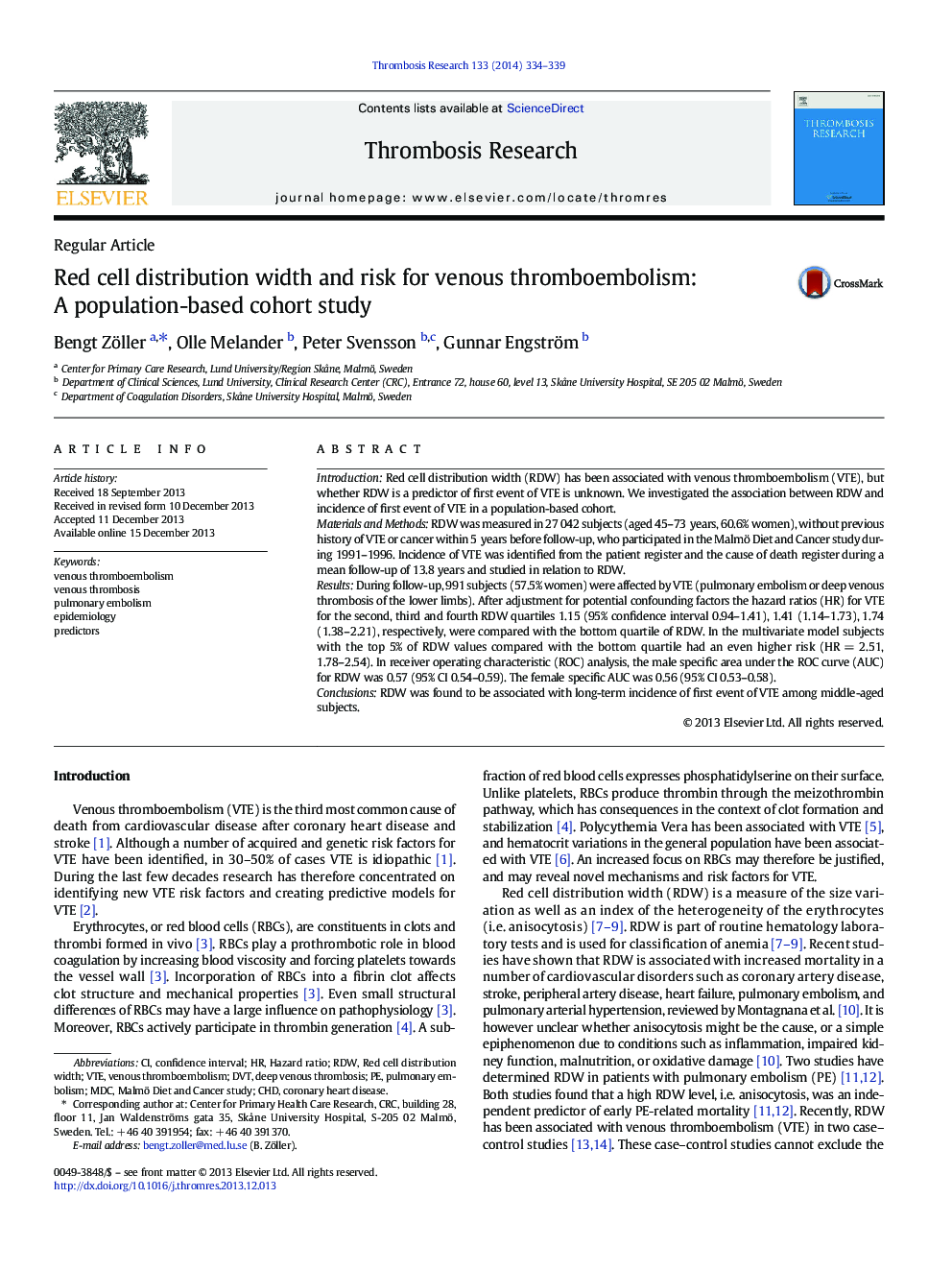 Red cell distribution width and risk for venous thromboembolism: A population-based cohort study