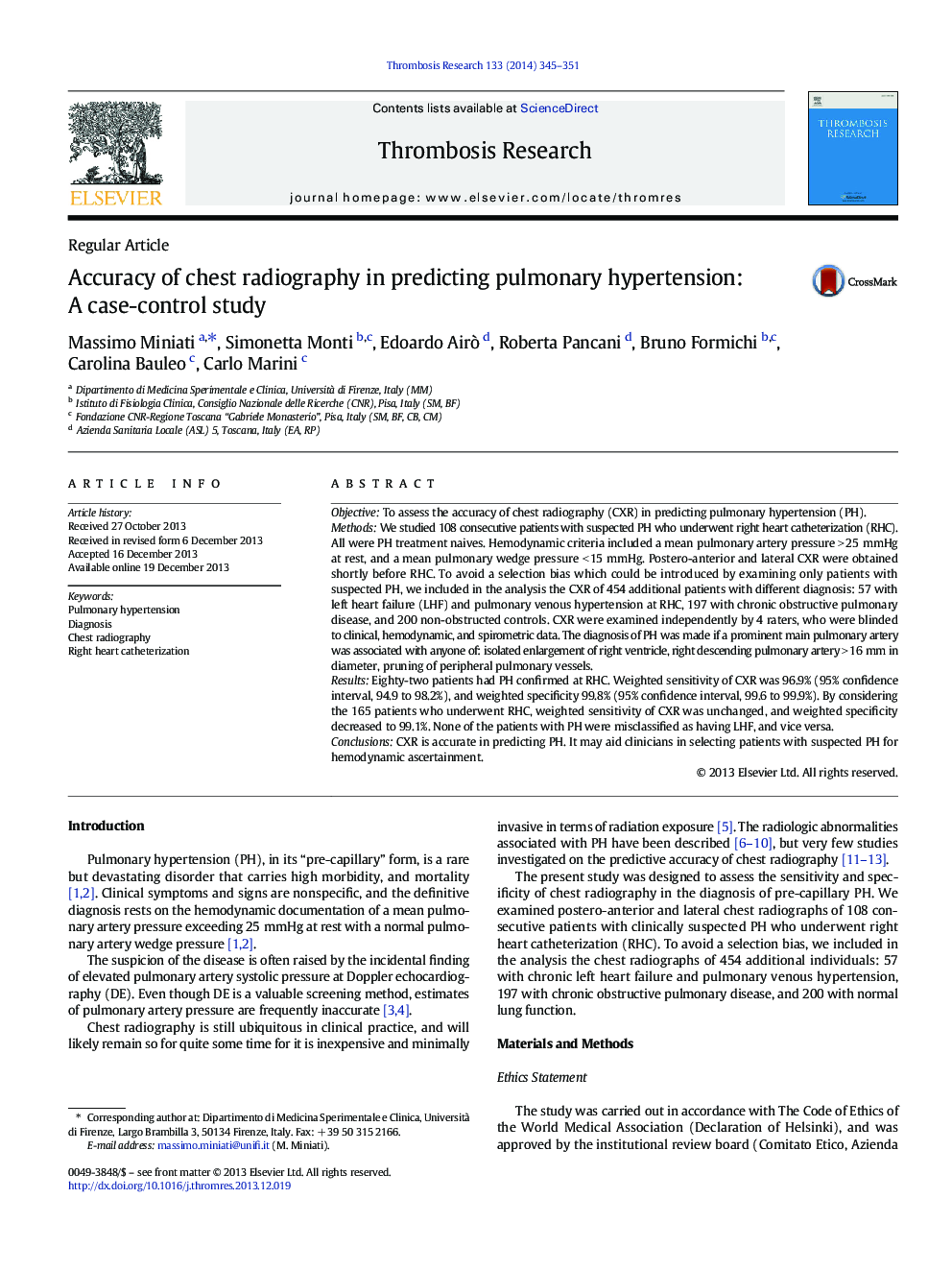 Accuracy of chest radiography in predicting pulmonary hypertension: A case-control study