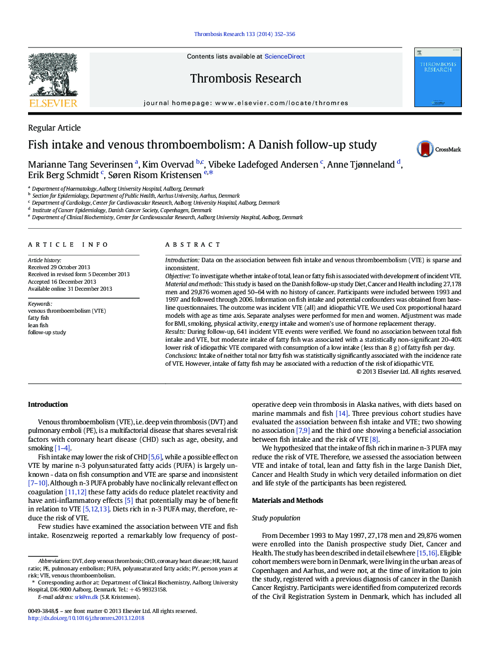 Fish intake and venous thromboembolism: A Danish follow-up study