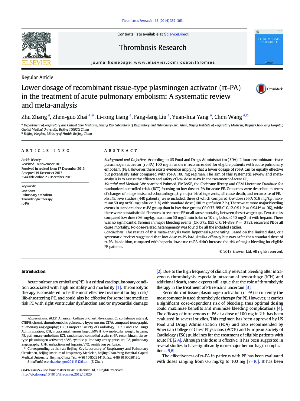 عکس صفحه اول مقاله: Lower dosage of recombinant tissue-type plasminogen activator (rt-PA) in the treatment of acute pulmonary embolism: A systematic review and meta-analysis Lower dosage of recombinant tissue-type plasminogen activator (rt-PA) in the treatment of acute pulmonary embolism: A systematic review and meta-analysis
