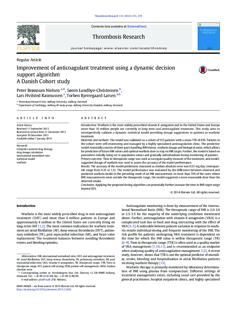Improvement of anticoagulant treatment using a dynamic decision support algorithm