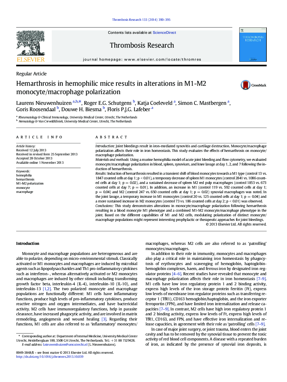 Hemarthrosis in hemophilic mice results in alterations in M1-M2 monocyte/macrophage polarization