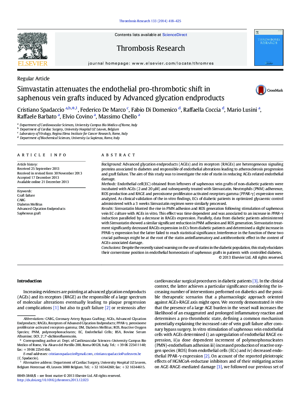 Simvastatin attenuates the endothelial pro-thrombotic shift in saphenous vein grafts induced by Advanced glycation endproducts