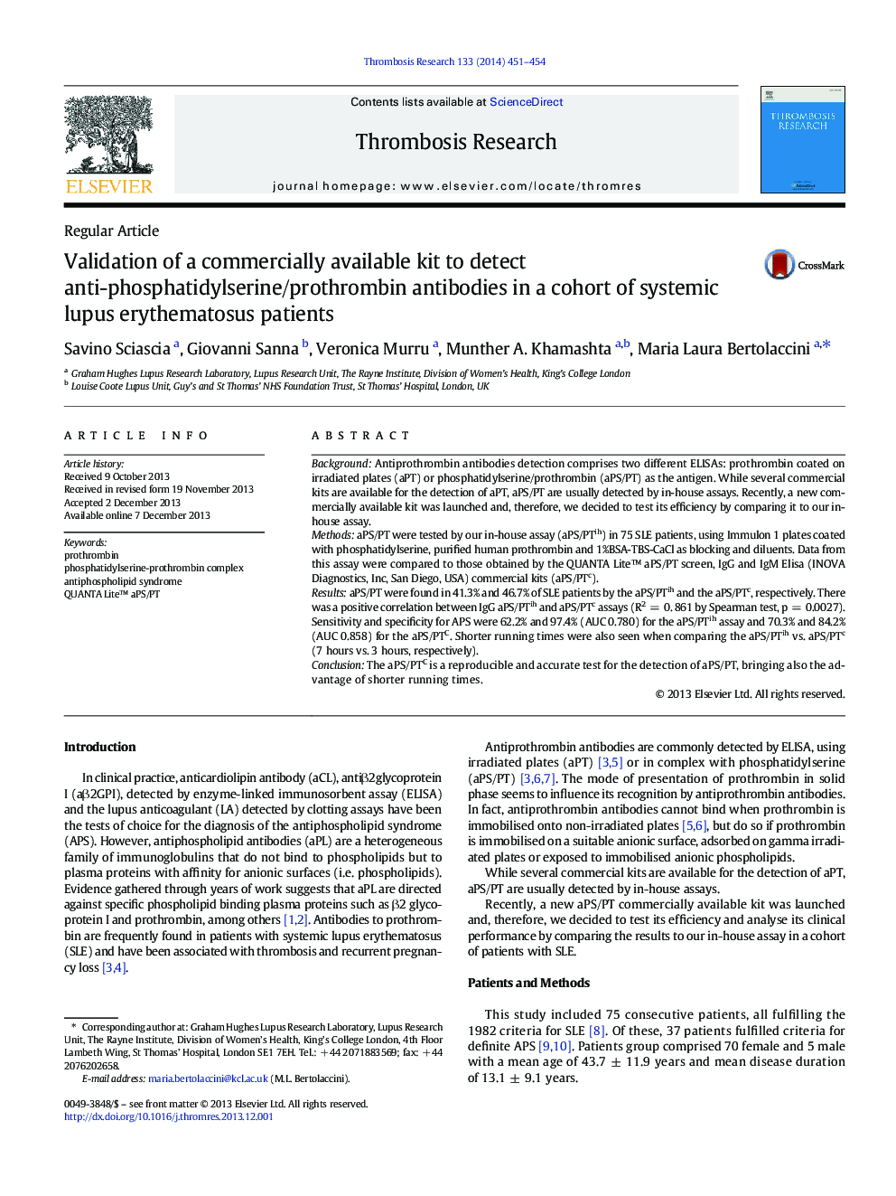 Validation of a commercially available kit to detect anti-phosphatidylserine/prothrombin antibodies in a cohort of systemic lupus erythematosus patients