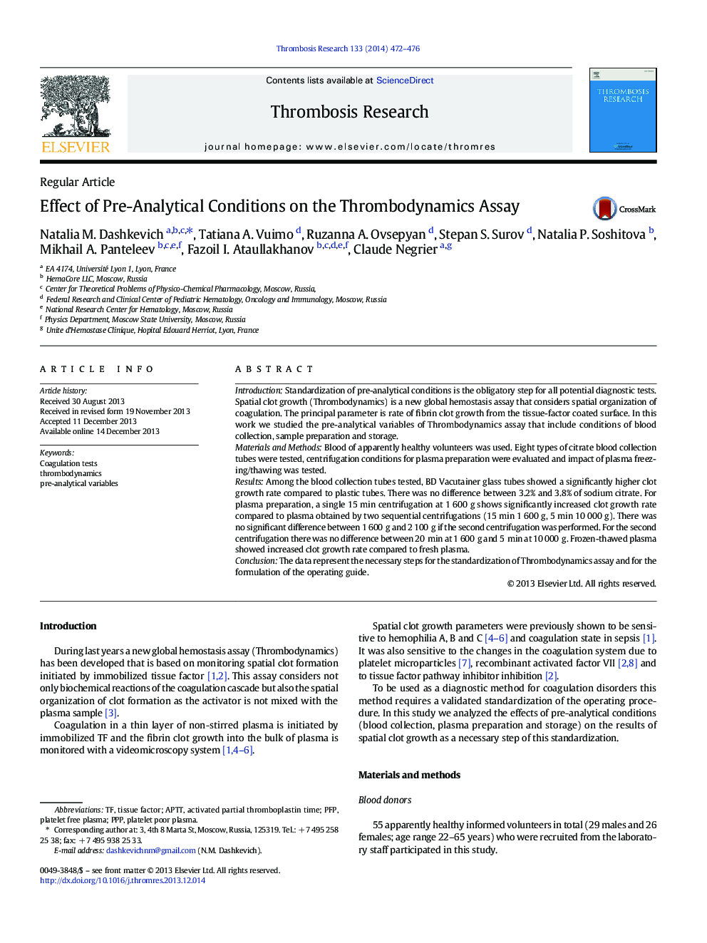 Regular ArticleEffect of Pre-Analytical Conditions on the Thrombodynamics Assay