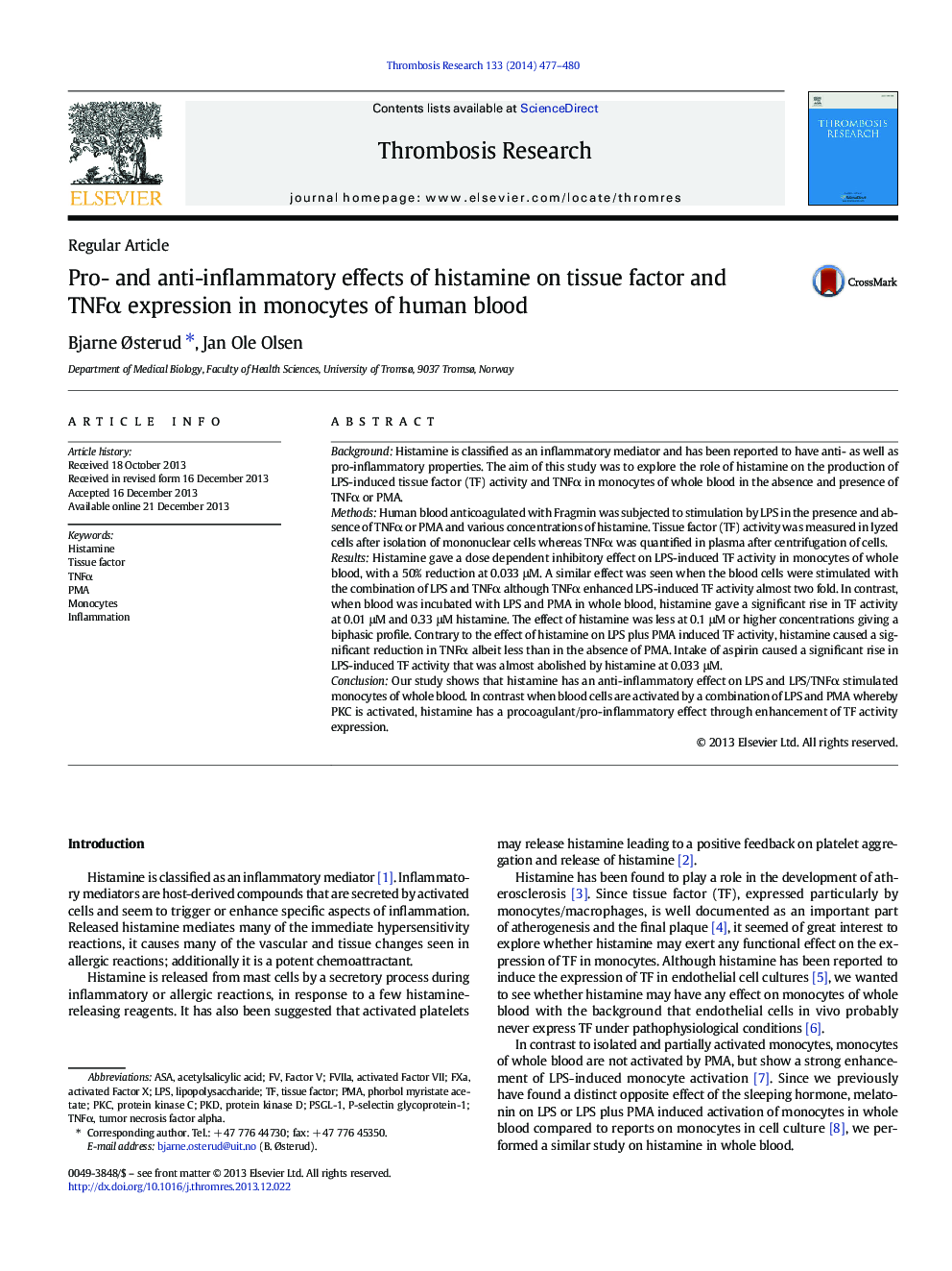 Pro- and anti-inflammatory effects of histamine on tissue factor and TNFÎ± expression in monocytes of human blood