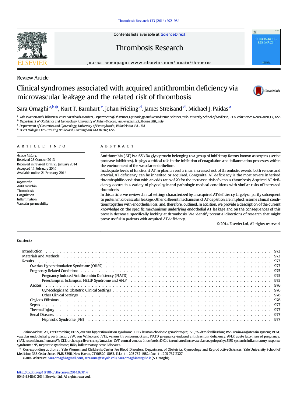 Clinical syndromes associated with acquired antithrombin deficiency via microvascular leakage and the related risk of thrombosis