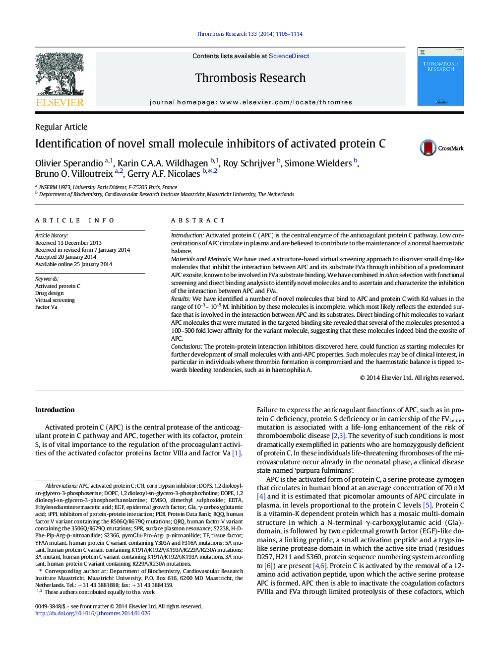 Regular ArticleIdentification of novel small molecule inhibitors of activated protein C